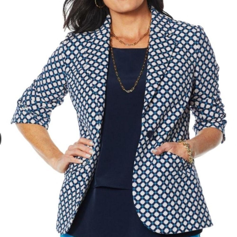 DG2 by Diane Gilman Stretch Crepe Printed Blazer Navy Foulard Blue